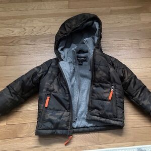 Camouflage Hooded Jacket with Orange Accents